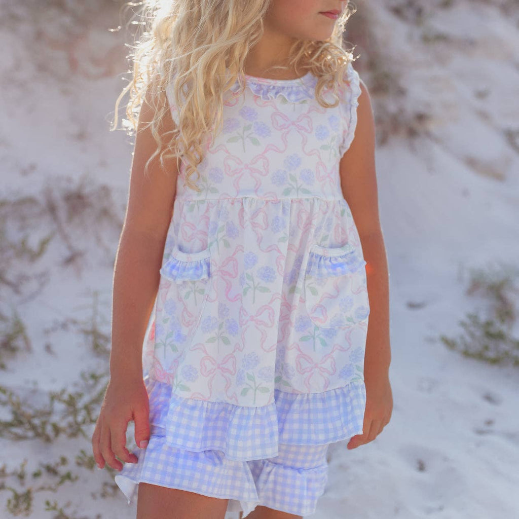 Girls Lavender Check & Pink Bow Pocket Ruffle Short Set